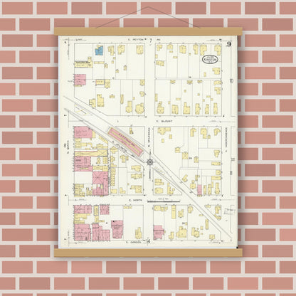 Old map wall art mockup — magnetic wood frame on brick wall — Sanborn Fire Insurance Map from Kinston, Lenoir County, North Carolina (1914), Sheet #0009