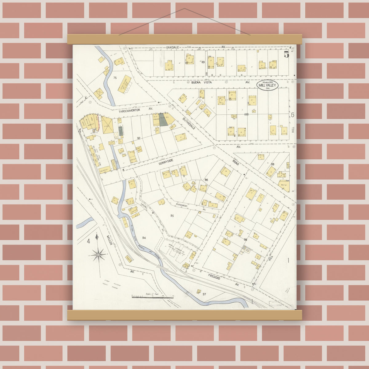 Old map wall art mockup — magnetic wood frame on brick wall — Sanborn Fire Insurance Map from Mill Valley, Marin County, California (1908), Sheet #0005