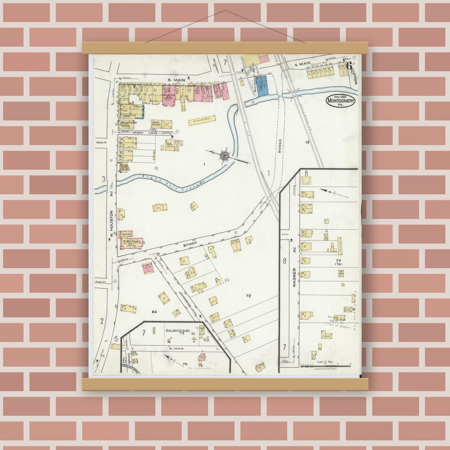 Old map wall art mockup — magnetic wood frame on brick wall — Sanborn Fire Insurance Map from Montgomery, Lycoming County, Pennsylvania (1920), Sheet #0006