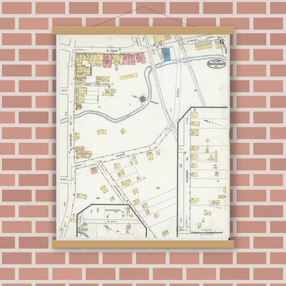 Old map wall art mockup — magnetic wood frame on brick wall — Sanborn Fire Insurance Map from Montgomery, Lycoming County, Pennsylvania (1920), Sheet #0006