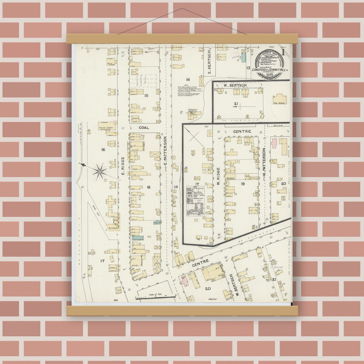 Old map wall art mockup — magnetic wood frame on brick wall — Sanborn Fire Insurance Map from Lansford, Carbon County, Pennsylvania (1891), Sheet #0001