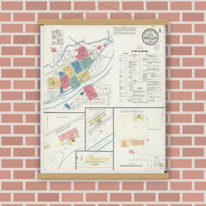 Old map wall art mockup — magnetic wood frame on brick wall — Sanborn Fire Insurance Map from Napoleon, Henry County, Ohio (1905), Sheet #0001