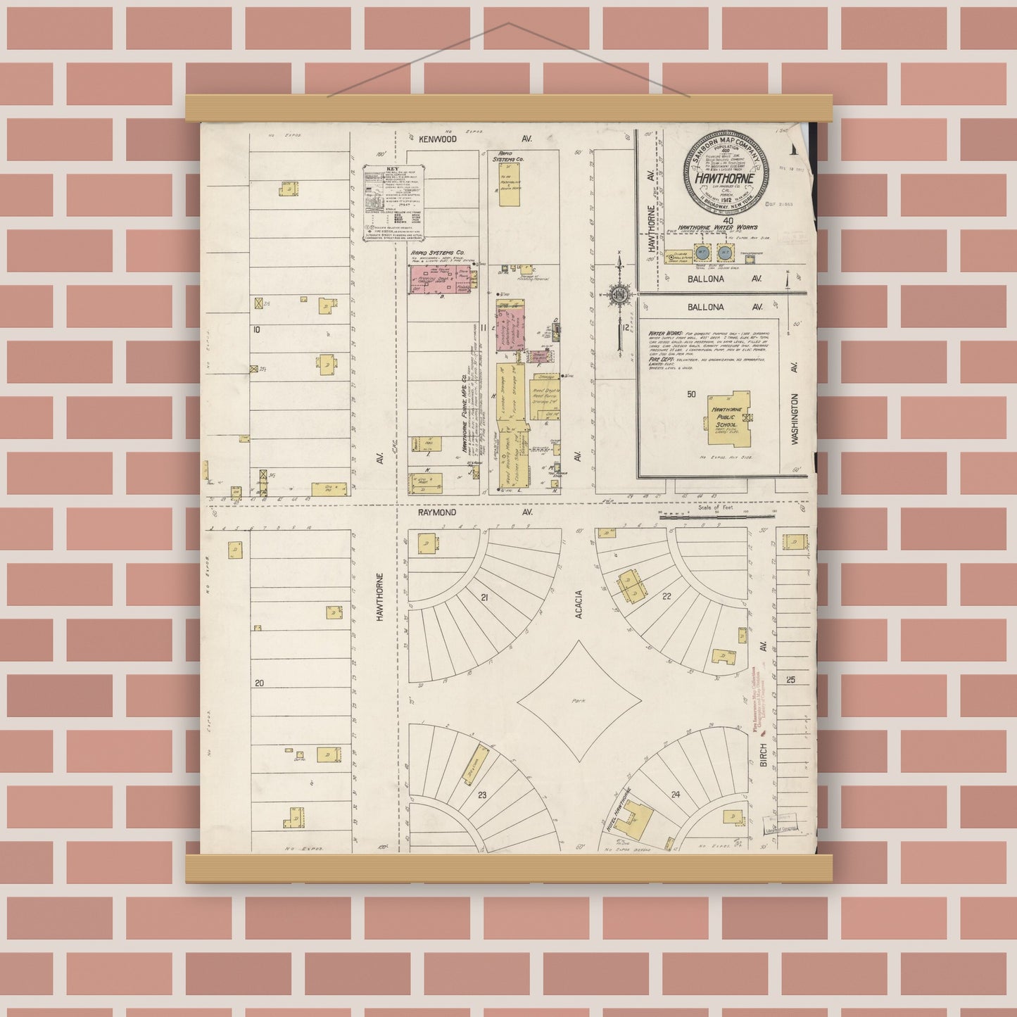 Old map wall art mockup — magnetic wood frame on brick wall — Sanborn Fire Insurance Map from Hawthorne, Los Angeles County, California (1912), Sheet #0001