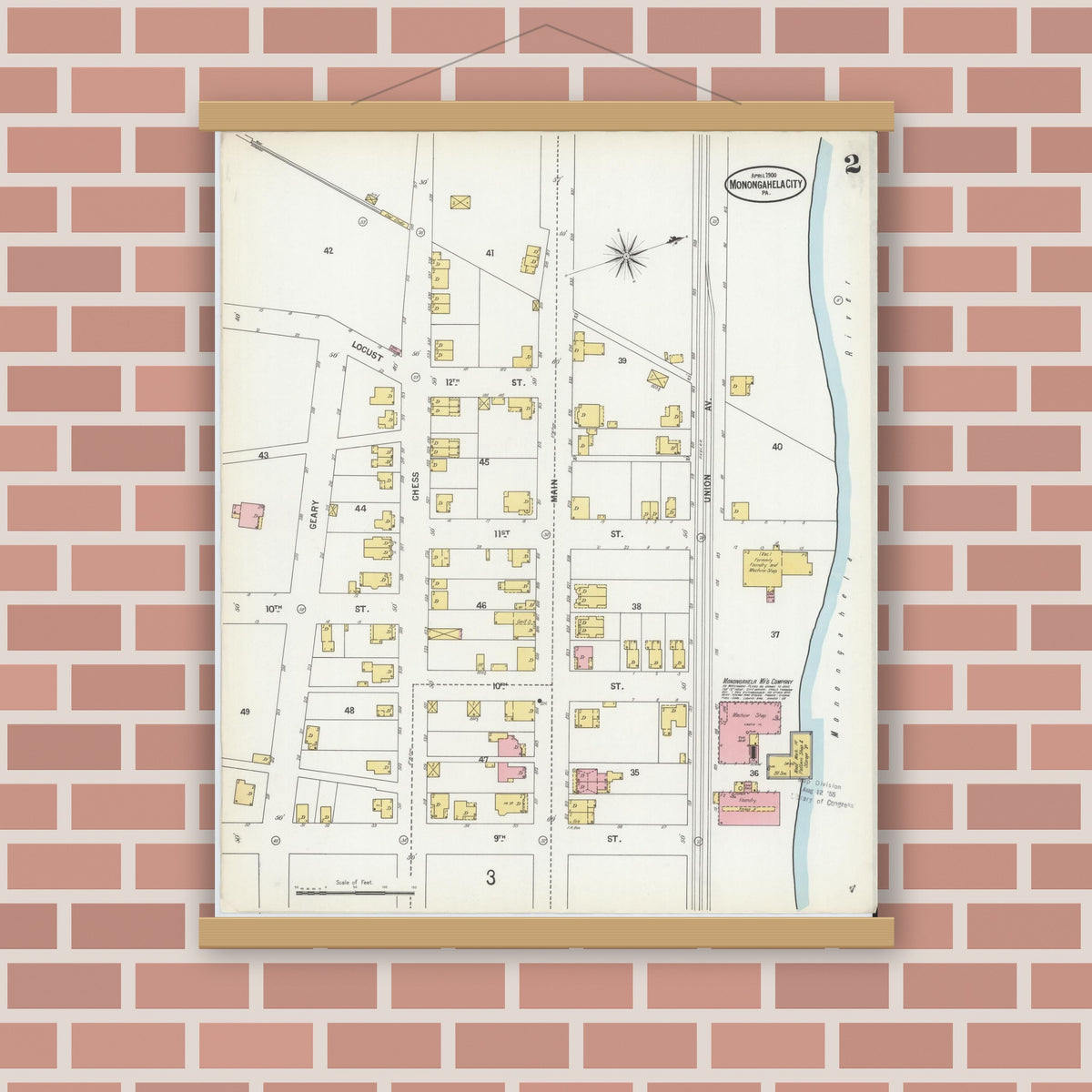 Old map wall art mockup — magnetic wood frame on brick wall — Sanborn Fire Insurance Map from Monongahela City, Washington County, Pennsylvania (1900), Sheet #0002