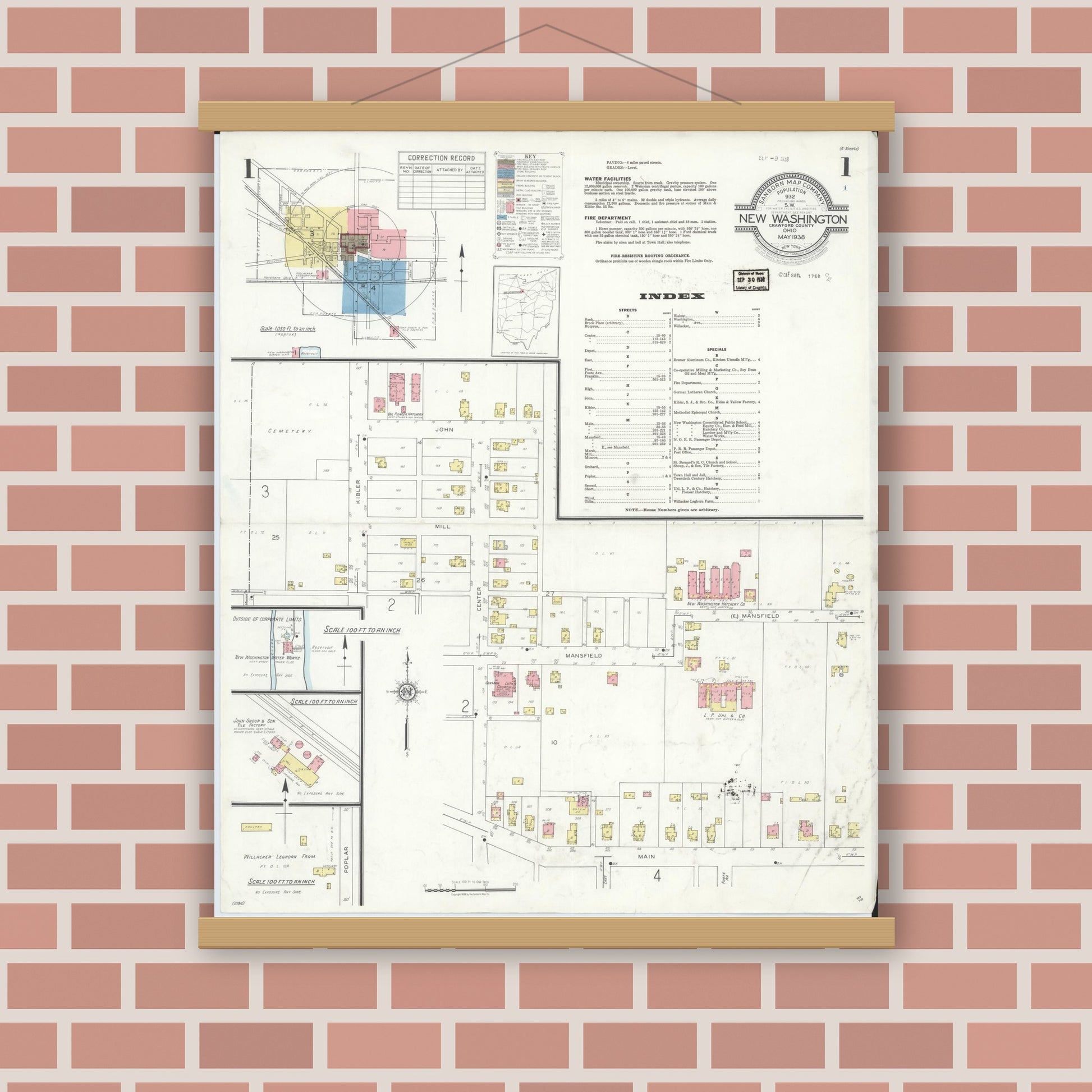 Old map wall art mockup — magnetic wood frame on brick wall — Sanborn Fire Insurance Map from New Washington, Crawford County, Ohio (1938) - Complete Map Set