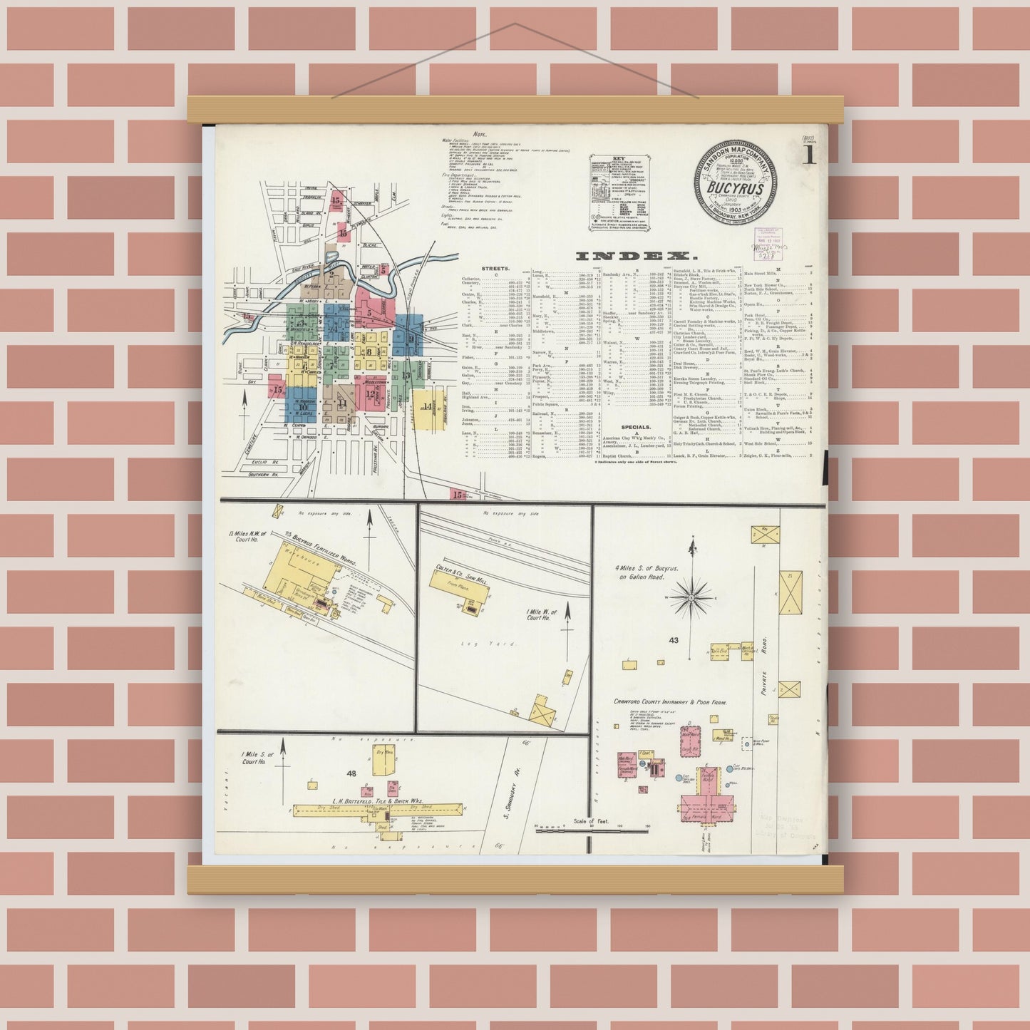 Old map wall art mockup — magnetic wood frame on brick wall — Sanborn Fire Insurance Map from Bucyrus, Crawford County, Ohio (1903) - Complete Map Set