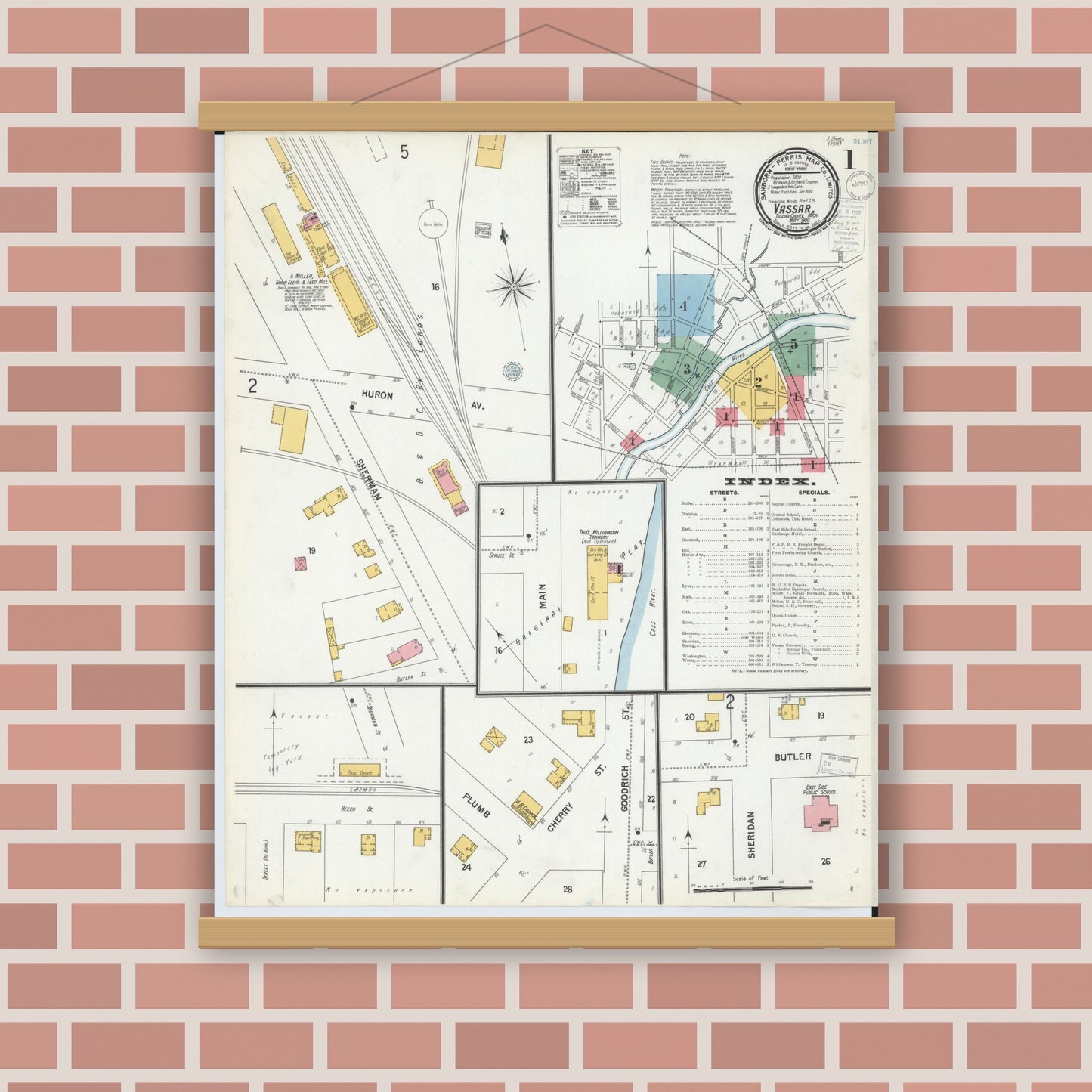 Old map wall art mockup — magnetic wood frame on brick wall — Sanborn Fire Insurance Map from Vassar, Tuscola County, Michigan (1900), Sheet #0001