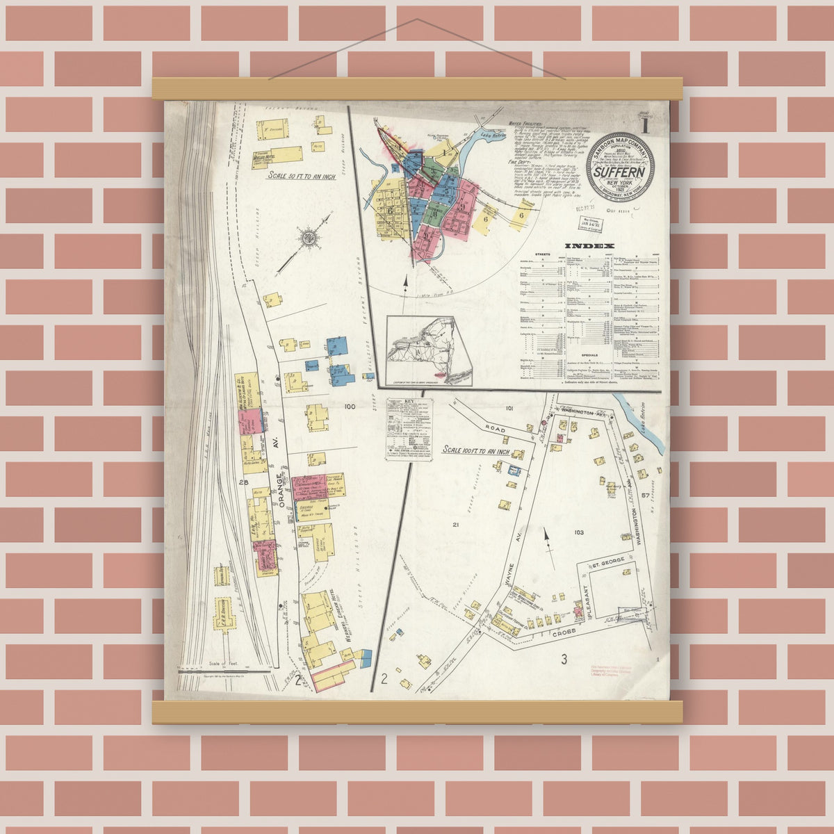 Old map wall art mockup — magnetic wood frame on brick wall — Sanborn Fire Insurance Map from Suffern, Rockland County, New York (1921) - Complete Map Set