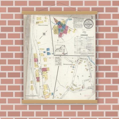 Old map wall art mockup — magnetic wood frame on brick wall — Sanborn Fire Insurance Map from Suffern, Rockland County, New York (1921) - Complete Map Set