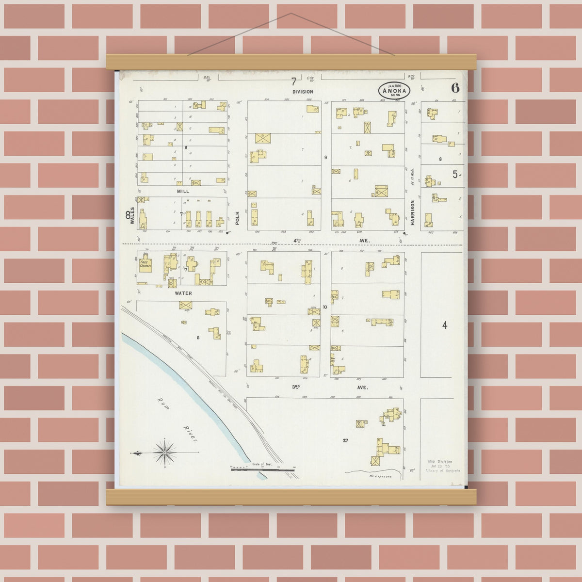 Old map wall art mockup — magnetic wood frame on brick wall — Sanborn Fire Insurance Map from Anoka, Anoka County, Minnesota (1898), Sheet #0006