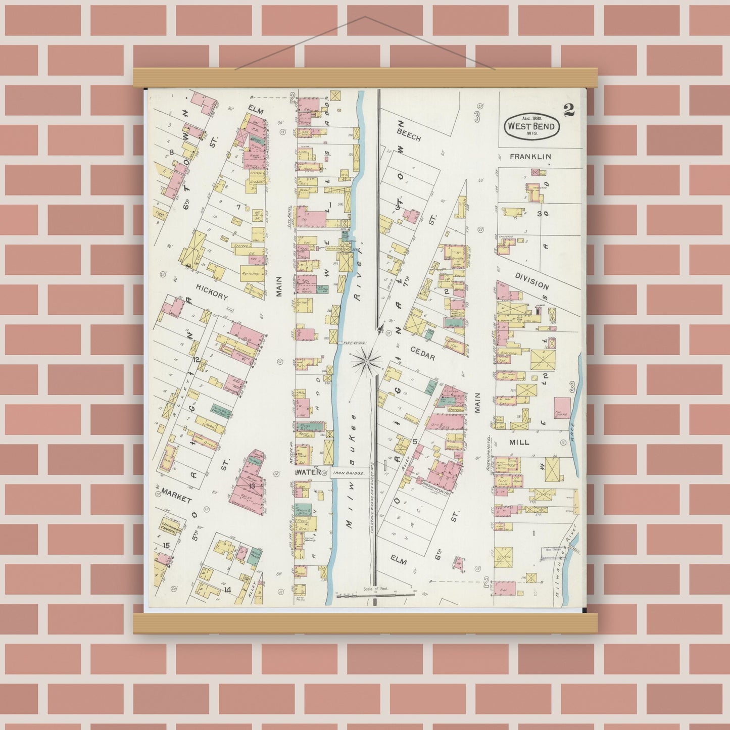 Old map wall art mockup — magnetic wood frame on brick wall — Sanborn Fire Insurance Map from West Bend, Washington County, Wisconsin (1892), Sheet #0002