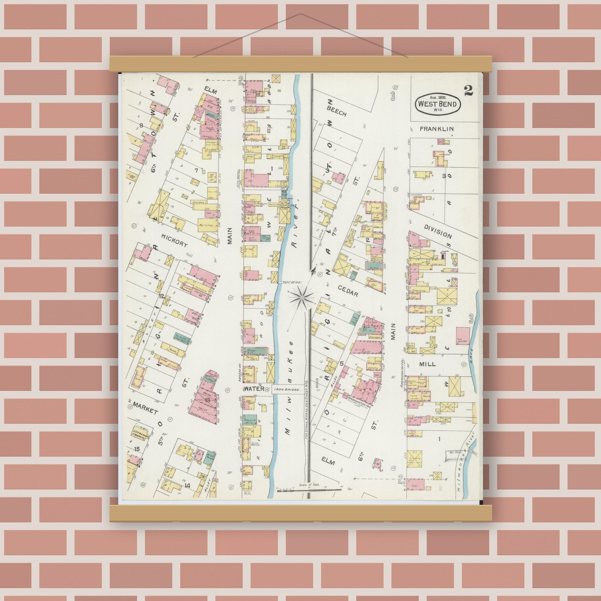 Old map wall art mockup — magnetic wood frame on brick wall — Sanborn Fire Insurance Map from West Bend, Washington County, Wisconsin (1892), Sheet #0002