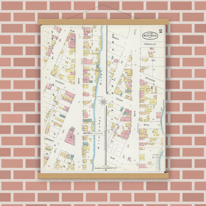 Old map wall art mockup — magnetic wood frame on brick wall — Sanborn Fire Insurance Map from West Bend, Washington County, Wisconsin (1892), Sheet #0002