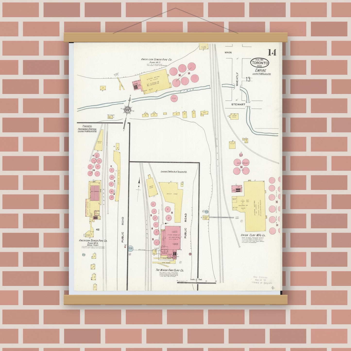 Old map wall art mockup — magnetic wood frame on brick wall — Sanborn Fire Insurance Map from Toronto, Jefferson County, Ohio (1911), Sheet #0014