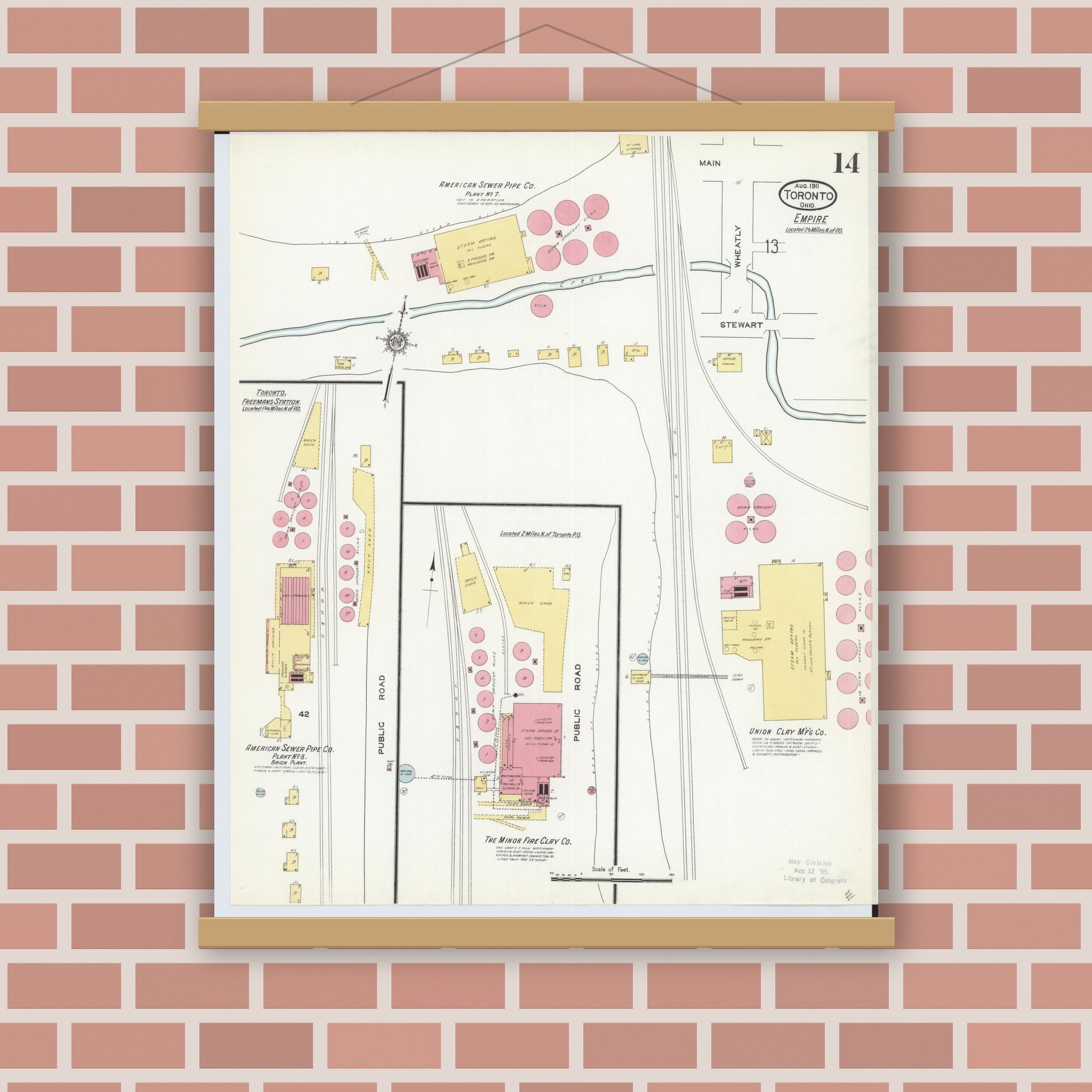 Old map wall art mockup — magnetic wood frame on brick wall — Sanborn Fire Insurance Map from Toronto, Jefferson County, Ohio (1911), Sheet #0014