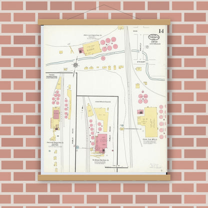 Old map wall art mockup — magnetic wood frame on brick wall — Sanborn Fire Insurance Map from Toronto, Jefferson County, Ohio (1911), Sheet #0014