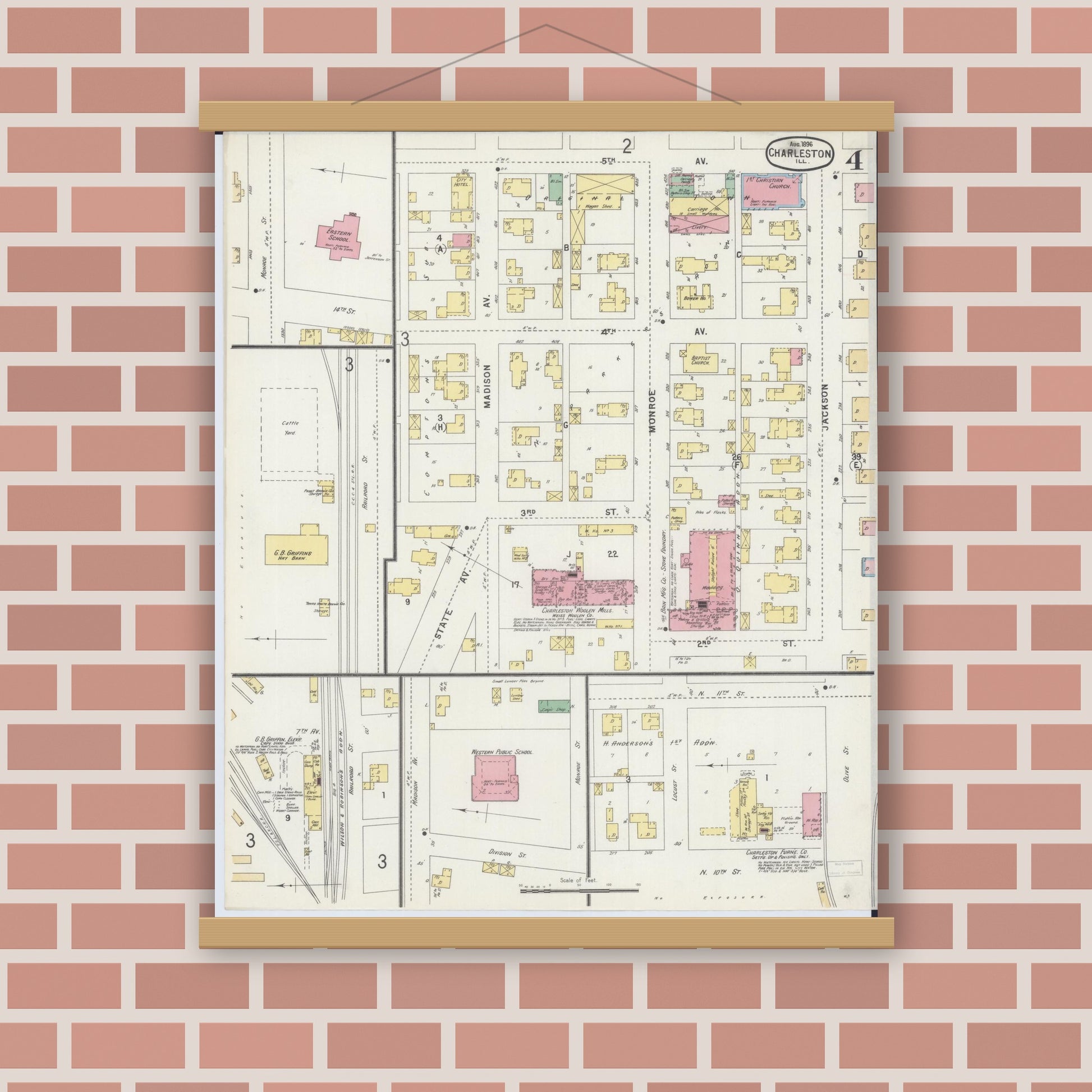 Old map wall art mockup — magnetic wood frame on brick wall — Sanborn Fire Insurance Map from Charleston, Coles County, Illinois (1896), Sheet #0004