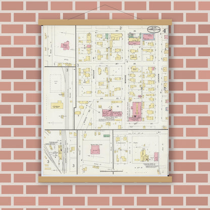 Old map wall art mockup — magnetic wood frame on brick wall — Sanborn Fire Insurance Map from Charleston, Coles County, Illinois (1896), Sheet #0004