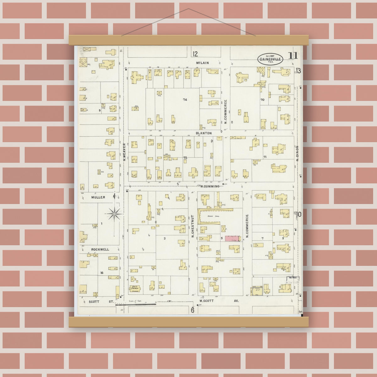 Old map wall art mockup — magnetic wood frame on brick wall — Sanborn Fire Insurance Map from Gainesville, Cooke County, Texas (1897), Sheet #0011