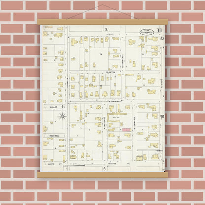 Old map wall art mockup — magnetic wood frame on brick wall — Sanborn Fire Insurance Map from Gainesville, Cooke County, Texas (1897), Sheet #0011