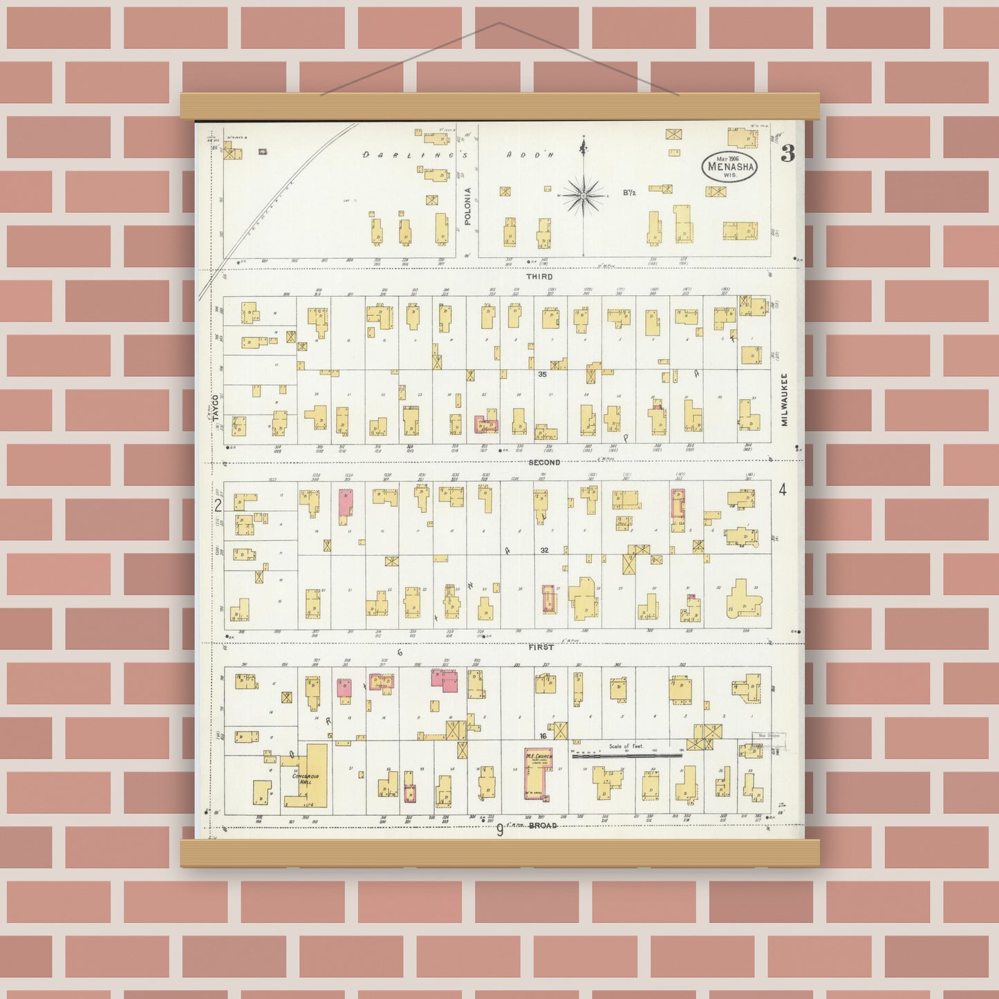 Old map wall art mockup — magnetic wood frame on brick wall — Sanborn Fire Insurance Map from Menasha, Winnebago County, Wisconsin (1906), Sheet #0003