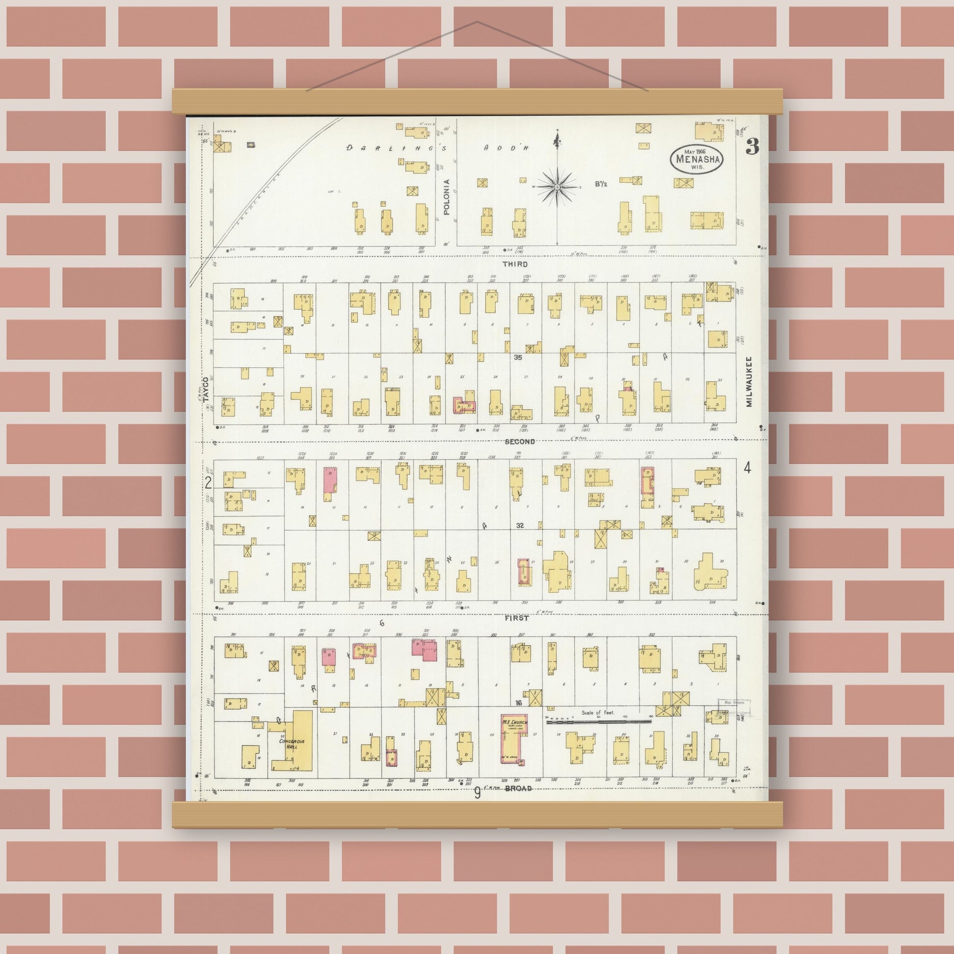 Old map wall art mockup — magnetic wood frame on brick wall — Sanborn Fire Insurance Map from Menasha, Winnebago County, Wisconsin (1906), Sheet #0003