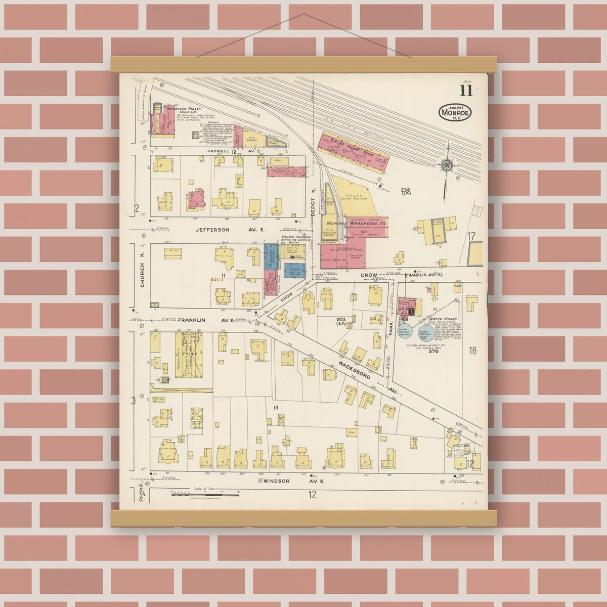 Old map wall art mockup — magnetic wood frame on brick wall — Sanborn Fire Insurance Map from Monroe, Union County, North Carolina (1922), Sheet #0011