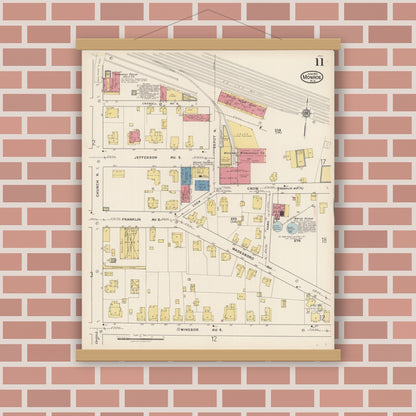 Old map wall art mockup — magnetic wood frame on brick wall — Sanborn Fire Insurance Map from Monroe, Union County, North Carolina (1922), Sheet #0011