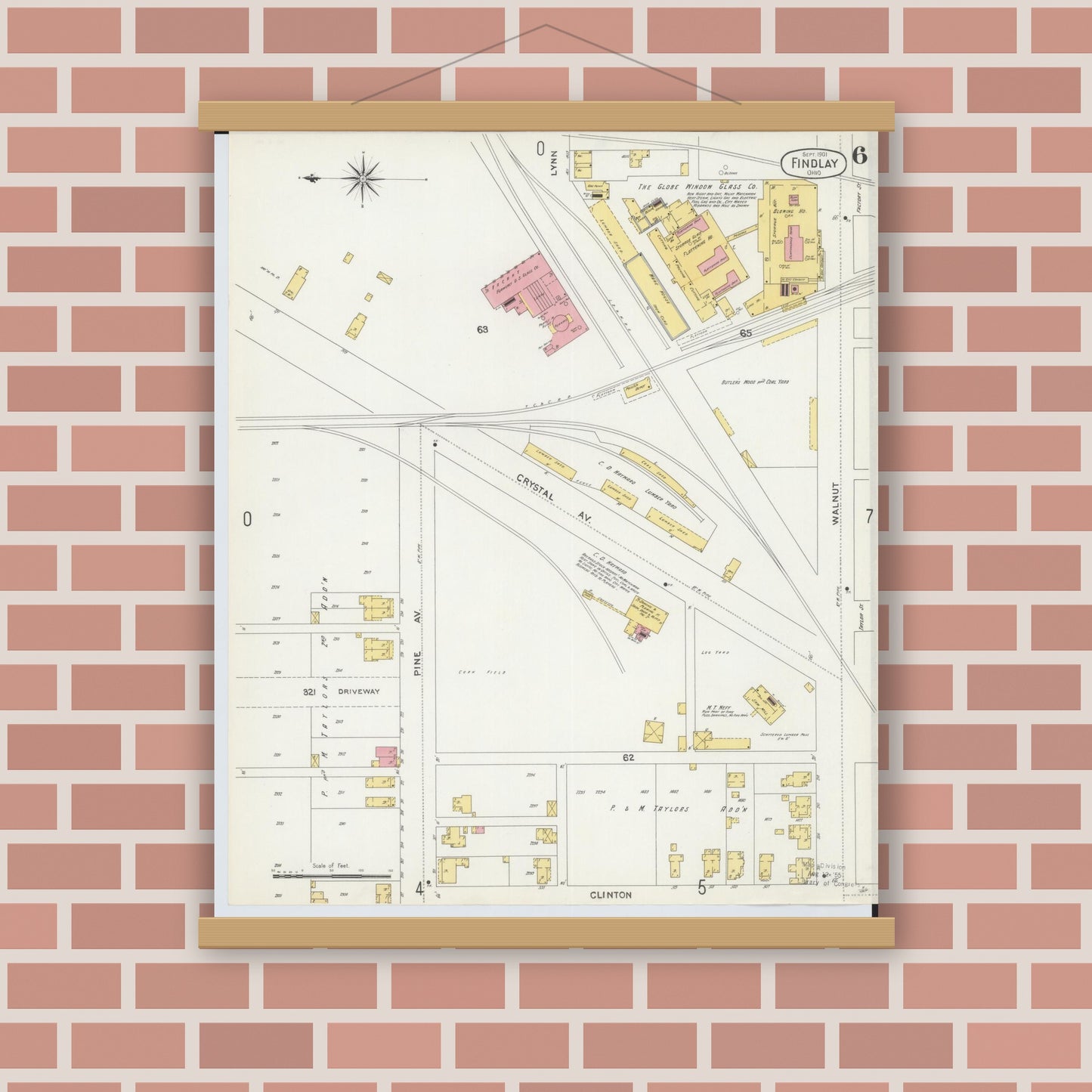 Old map wall art mockup — magnetic wood frame on brick wall — Sanborn Fire Insurance Map from Findlay, Hancock County, Ohio (1901), Sheet #0006