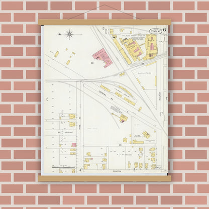 Old map wall art mockup — magnetic wood frame on brick wall — Sanborn Fire Insurance Map from Findlay, Hancock County, Ohio (1901), Sheet #0006