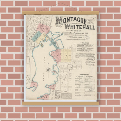 Old map wall art mockup — magnetic wood frame on brick wall — Sanborn Fire Insurance Map from Montague, Muskegon County, Michigan (1883) - Complete Map Set