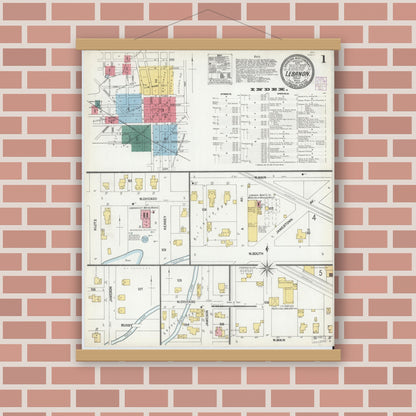 Old map wall art mockup — magnetic wood frame on brick wall — Sanborn Fire Insurance Map from Lebanon, Boone County, Indiana (1902), Sheet #0001