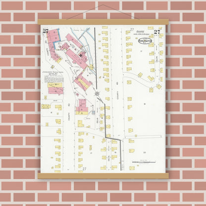 Old map wall art mockup — magnetic wood frame on brick wall — Sanborn Fire Insurance Map from Burlington, Alamance County, North Carolina (1929), Sheet #0027