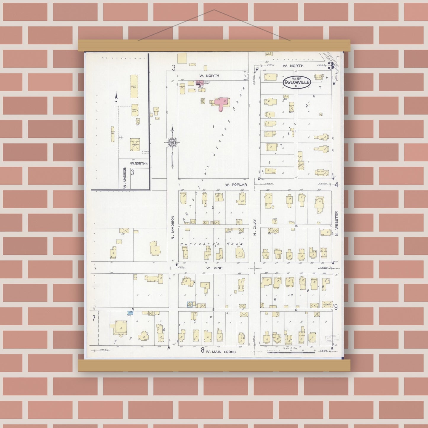 Old map wall art mockup — magnetic wood frame on brick wall — Sanborn Fire Insurance Map from Taylorville, Christian County, Illinois (1914), Sheet #0003