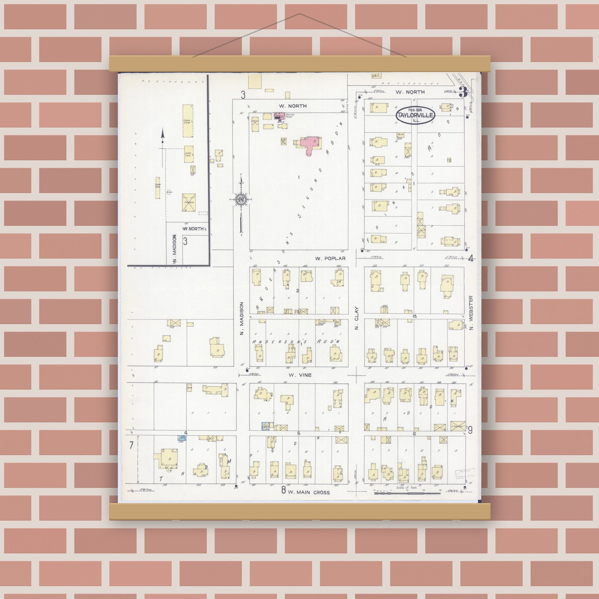 Old map wall art mockup — magnetic wood frame on brick wall — Sanborn Fire Insurance Map from Taylorville, Christian County, Illinois (1914), Sheet #0003
