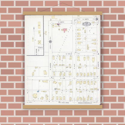 Old map wall art mockup — magnetic wood frame on brick wall — Sanborn Fire Insurance Map from Taylorville, Christian County, Illinois (1914), Sheet #0003