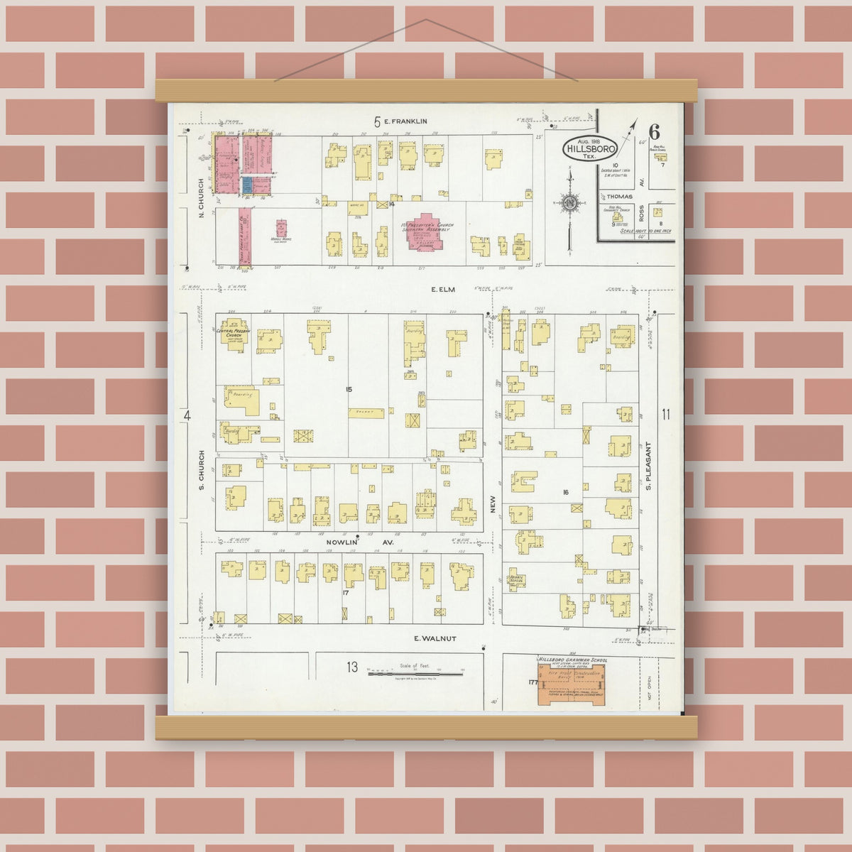 Old map wall art mockup — magnetic wood frame on brick wall — Sanborn Fire Insurance Map from Hillsboro, Hill County, Texas (1918), Sheet #0006