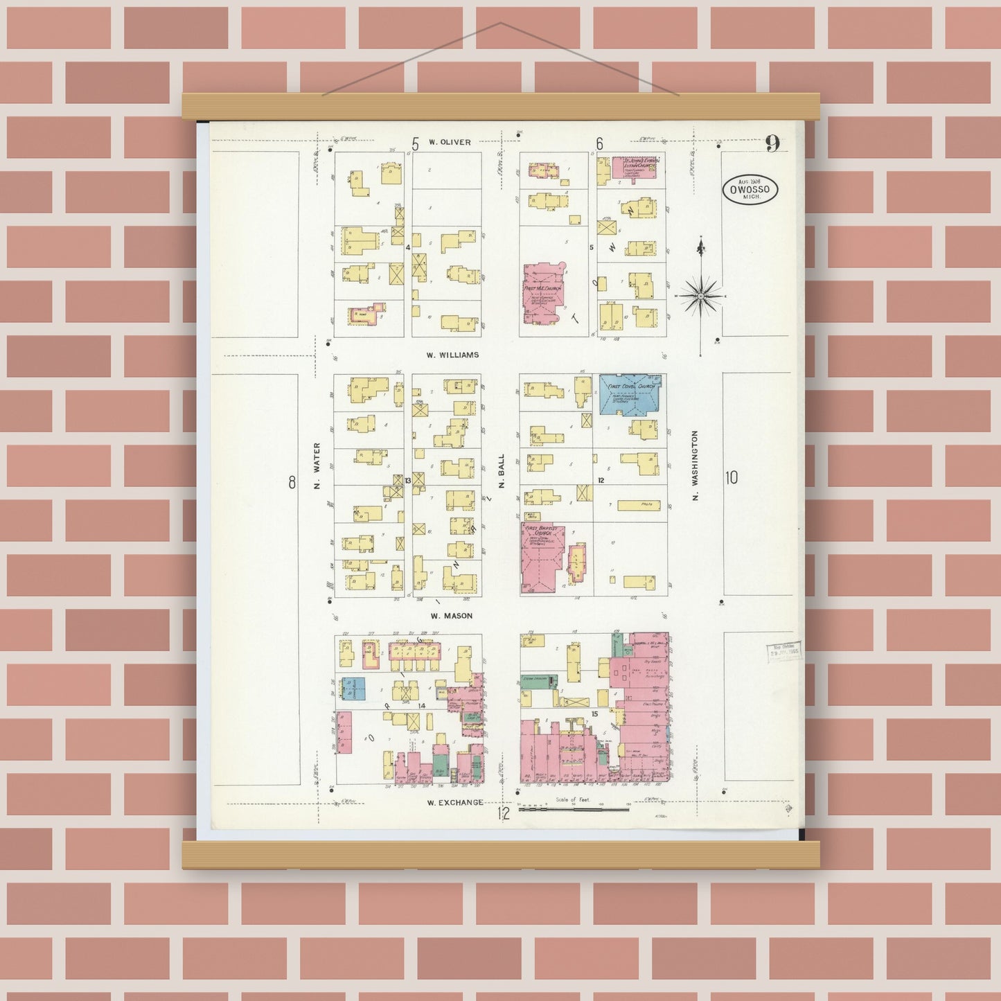 Old map wall art mockup — magnetic wood frame on brick wall — Sanborn Fire Insurance Map from Owosso, Shiawassee County, Michigan (1908), Sheet #0009