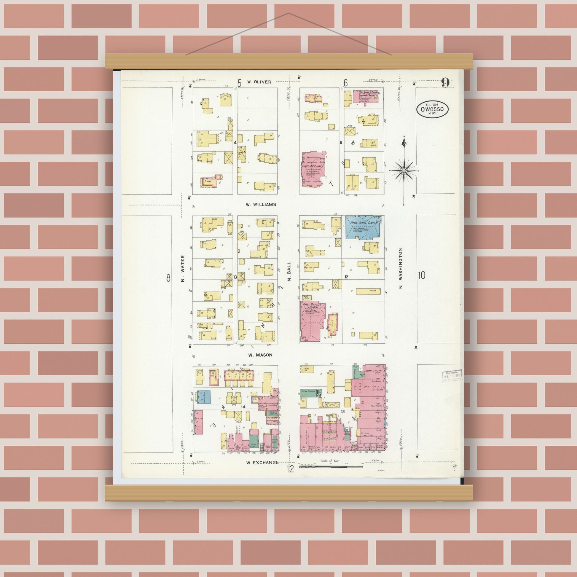 Old map wall art mockup — magnetic wood frame on brick wall — Sanborn Fire Insurance Map from Owosso, Shiawassee County, Michigan (1908), Sheet #0009
