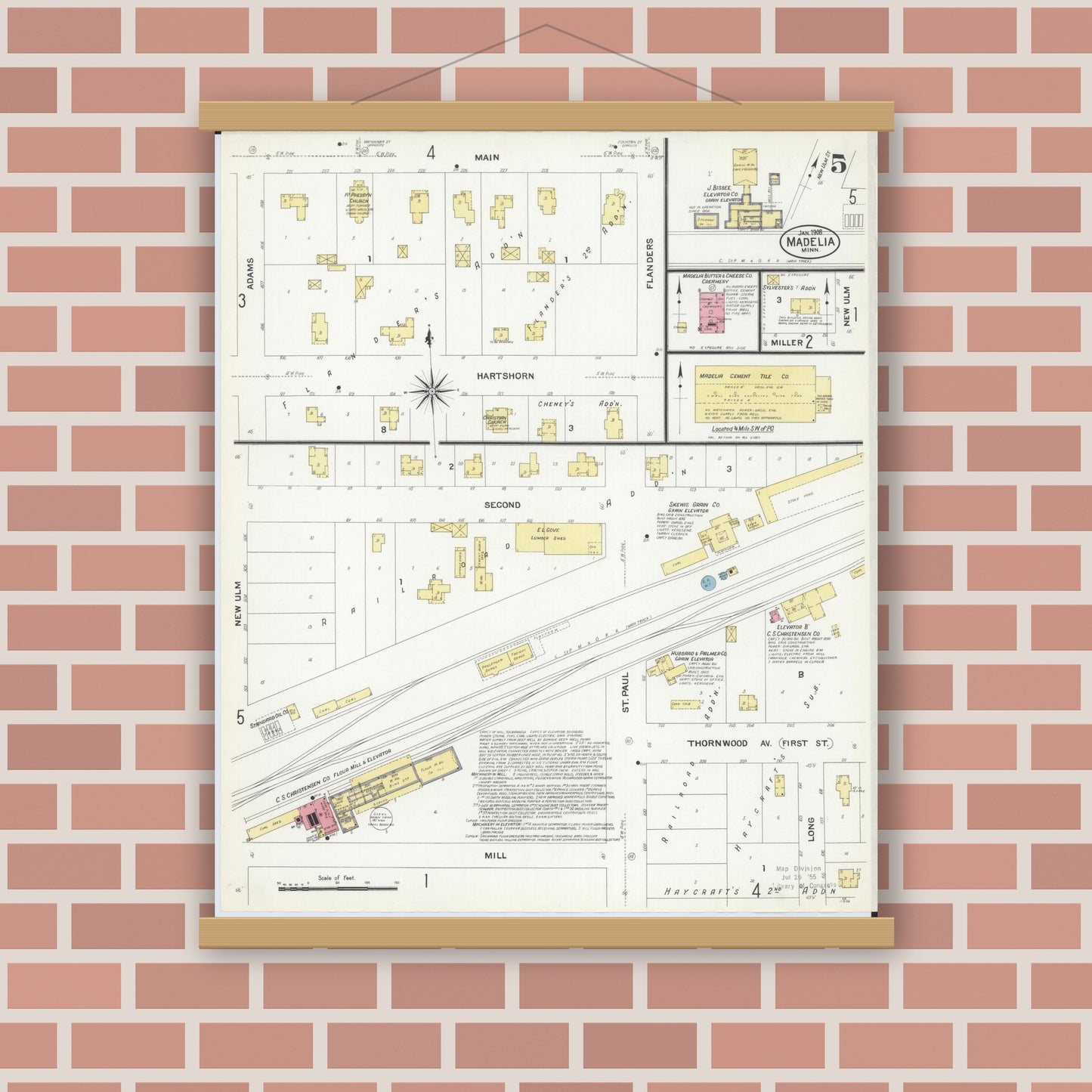 Old map wall art mockup — magnetic wood frame on brick wall — Sanborn Fire Insurance Map from Madelia, Watonwan County, Minnesota (1908), Sheet #0005