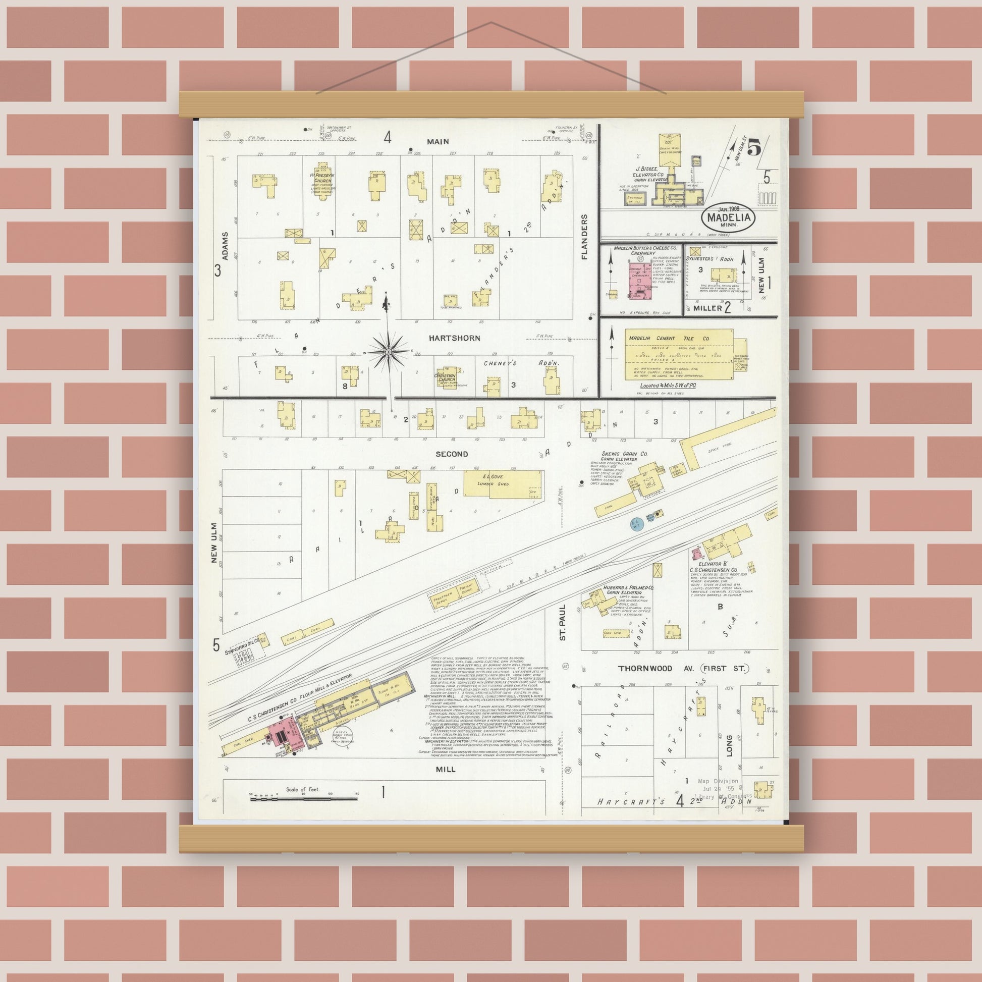 Old map wall art mockup — magnetic wood frame on brick wall — Sanborn Fire Insurance Map from Madelia, Watonwan County, Minnesota (1908), Sheet #0005
