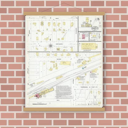 Old map wall art mockup — magnetic wood frame on brick wall — Sanborn Fire Insurance Map from Madelia, Watonwan County, Minnesota (1908), Sheet #0005
