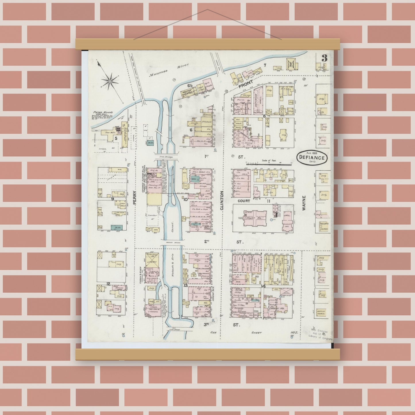 Old map wall art mockup — magnetic wood frame on brick wall — Sanborn Fire Insurance Map from Defiance, Defiance County, Ohio (1888), Sheet #0003