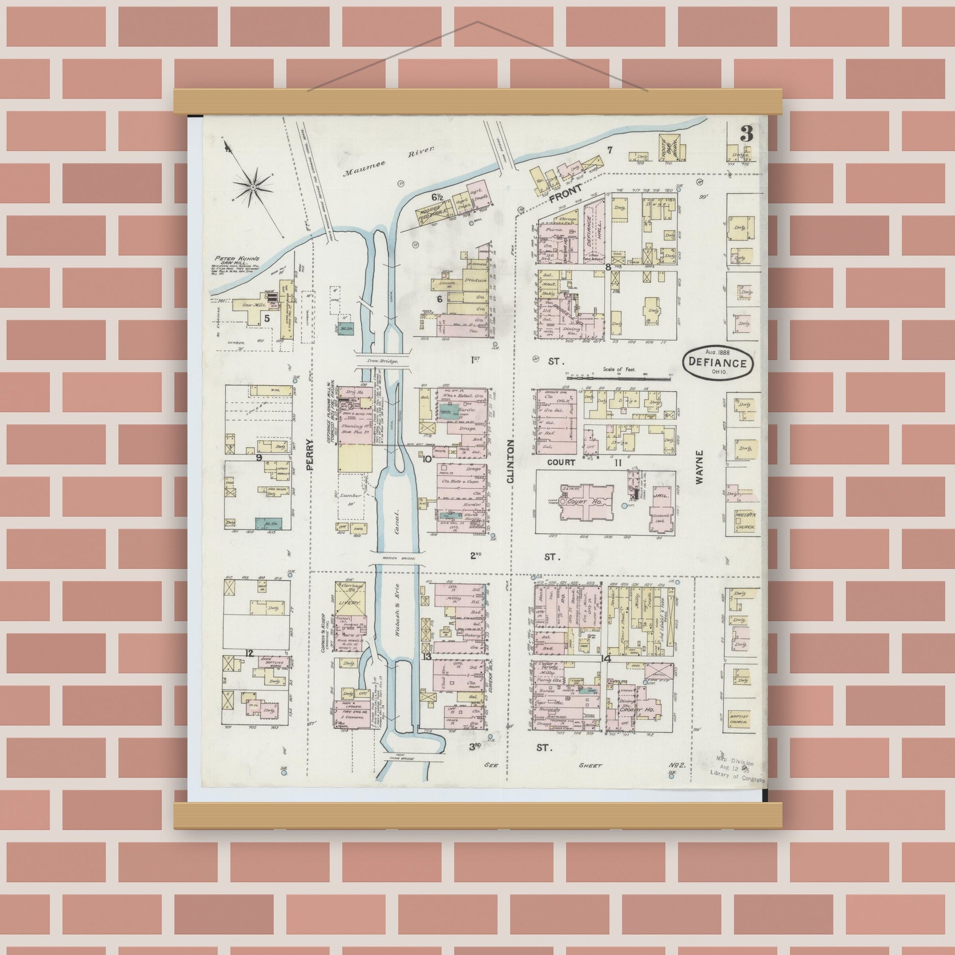 Old map wall art mockup — magnetic wood frame on brick wall — Sanborn Fire Insurance Map from Defiance, Defiance County, Ohio (1888), Sheet #0003