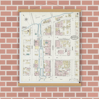 Old map wall art mockup — magnetic wood frame on brick wall — Sanborn Fire Insurance Map from Defiance, Defiance County, Ohio (1888), Sheet #0003