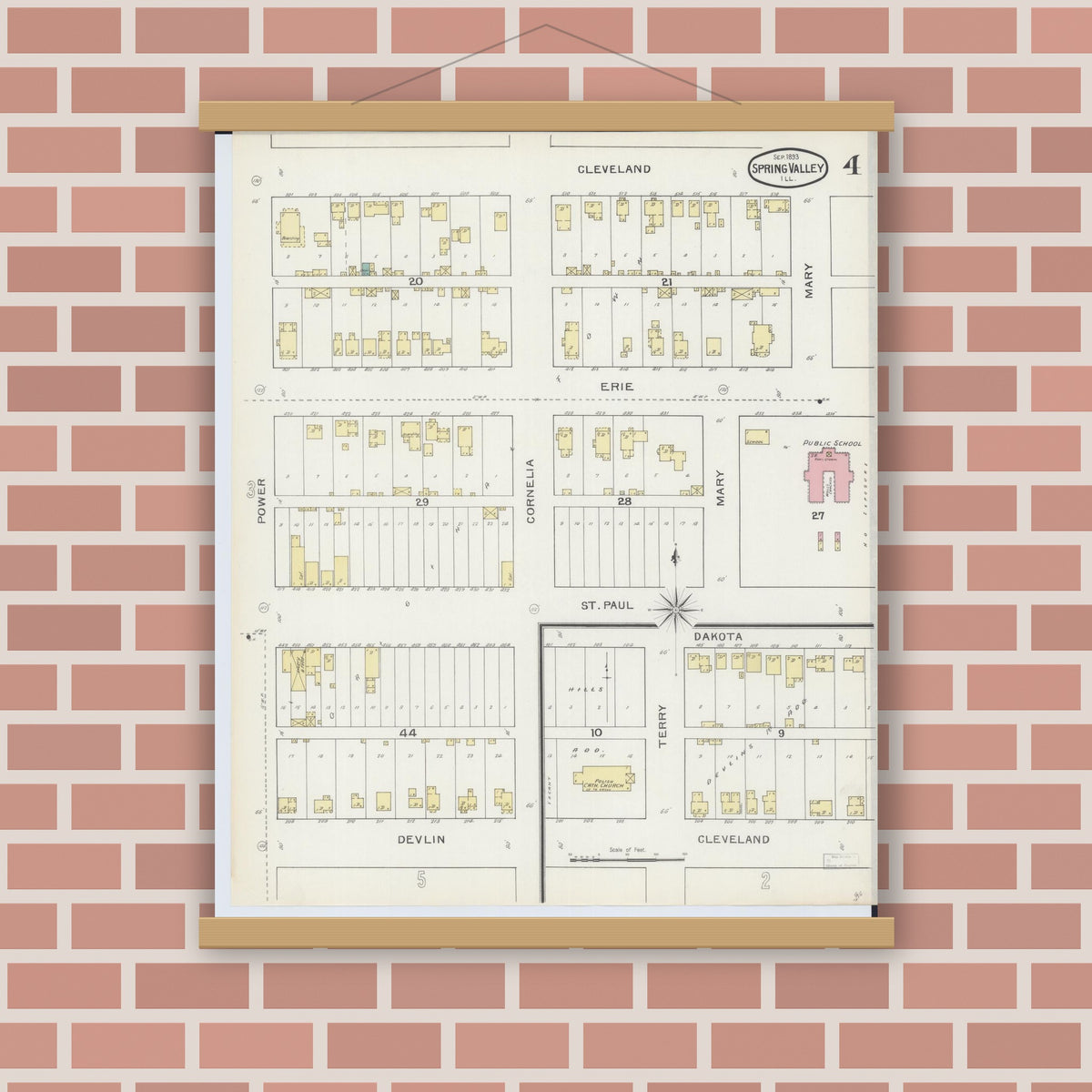 Old map wall art mockup — magnetic wood frame on brick wall — Sanborn Fire Insurance Map from Spring Valley, Bureau County, Illinois (1893), Sheet #0004