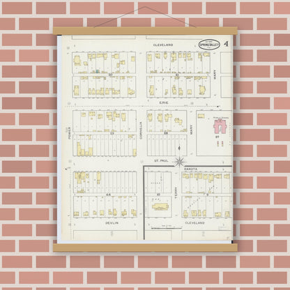 Old map wall art mockup — magnetic wood frame on brick wall — Sanborn Fire Insurance Map from Spring Valley, Bureau County, Illinois (1893), Sheet #0004