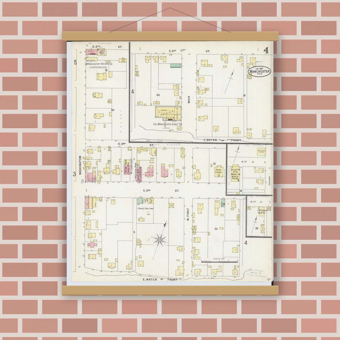 Old map wall art mockup — magnetic wood frame on brick wall — Sanborn Fire Insurance Map from Manchester, Adams County, Ohio (1897), Sheet #0004