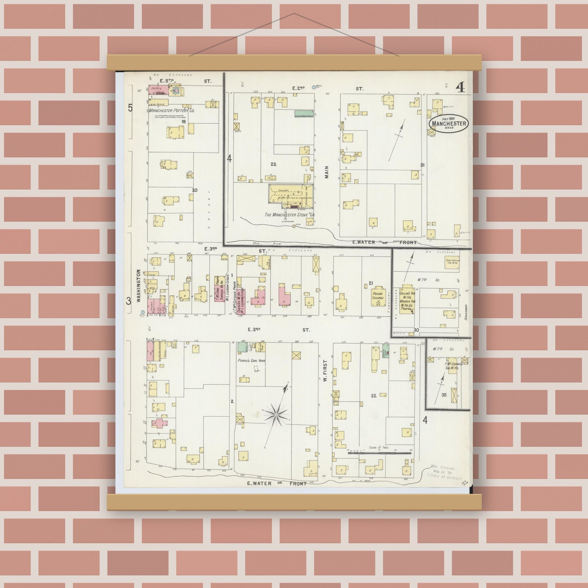Old map wall art mockup — magnetic wood frame on brick wall — Sanborn Fire Insurance Map from Manchester, Adams County, Ohio (1897), Sheet #0004
