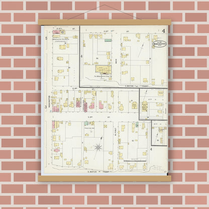 Old map wall art mockup — magnetic wood frame on brick wall — Sanborn Fire Insurance Map from Manchester, Adams County, Ohio (1897), Sheet #0004